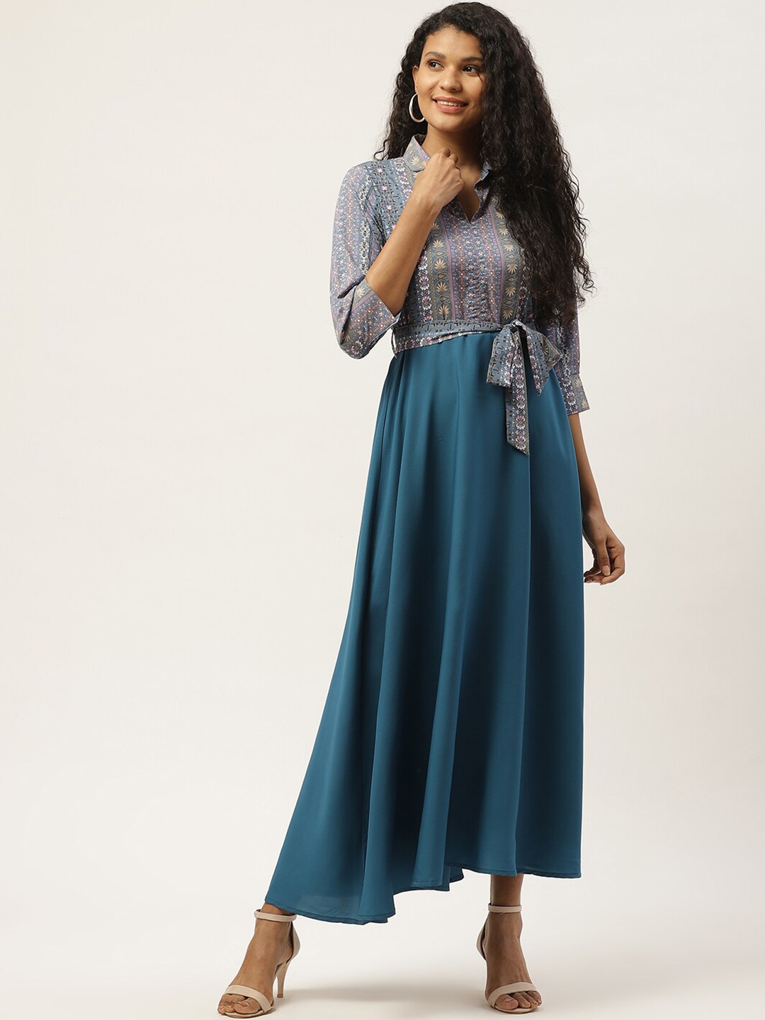 

DressBerry Teal Ethnic Motifs Printed Shirt Collar A-Line Dress