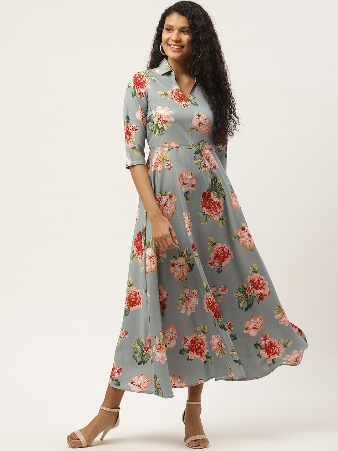 

DressBerry Grey Floral Printed Shirt Collar A-Line Midi Dress