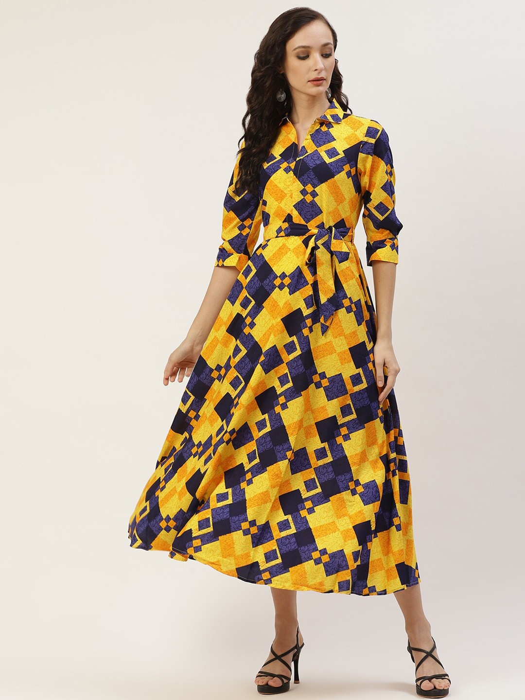 

DressBerry Yellow Geometric Printed Shirt Collar Georgette Fit & Flare Dress