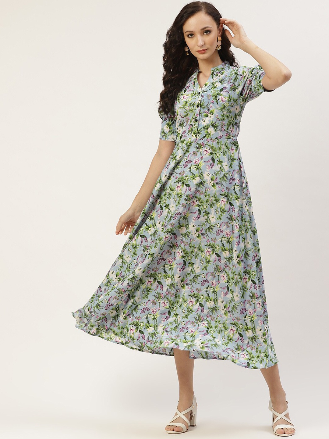 

DressBerry Grey Floral Printed Mandarin Collar Puff Sleeves A-Line Midi Dress