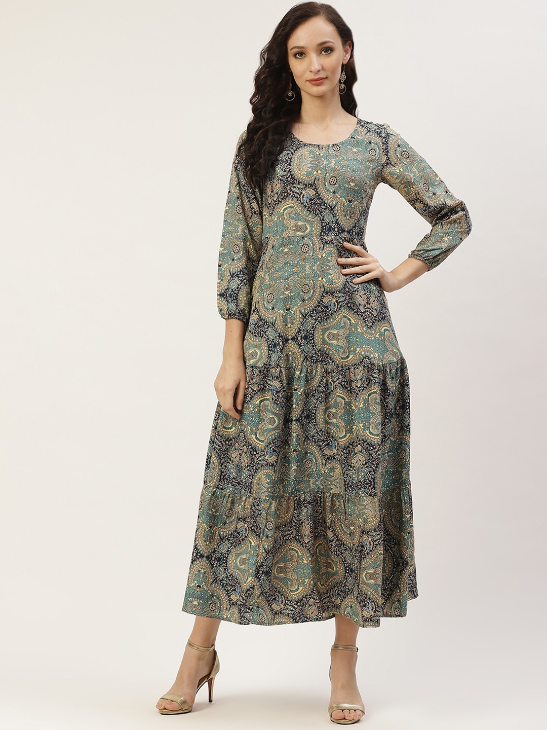 

DressBerry Green Ethnic Motifs Printed Tiered A-Line Midi Dress