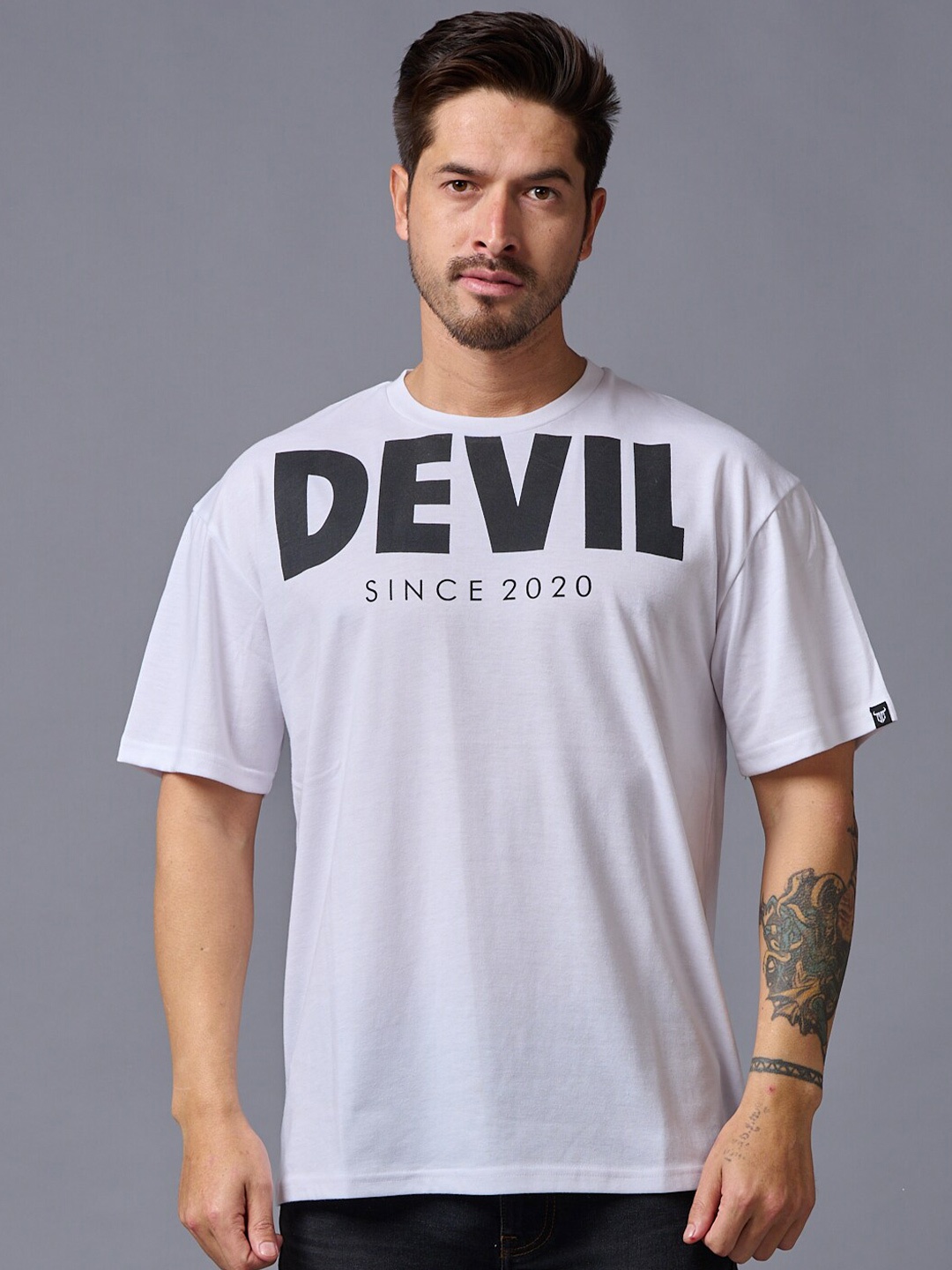 

GO DEVIL Typography Printed Oversized Pure Cotton T-shirt, White