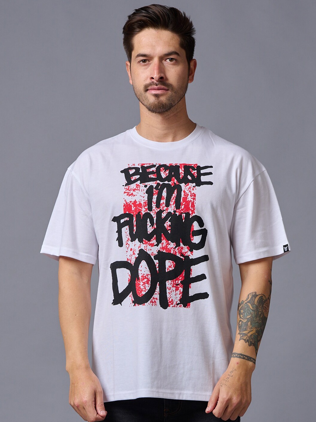 

GO DEVIL Typography Printed Drop-Shoulder Sleeves Pure Cotton T-shirt, White