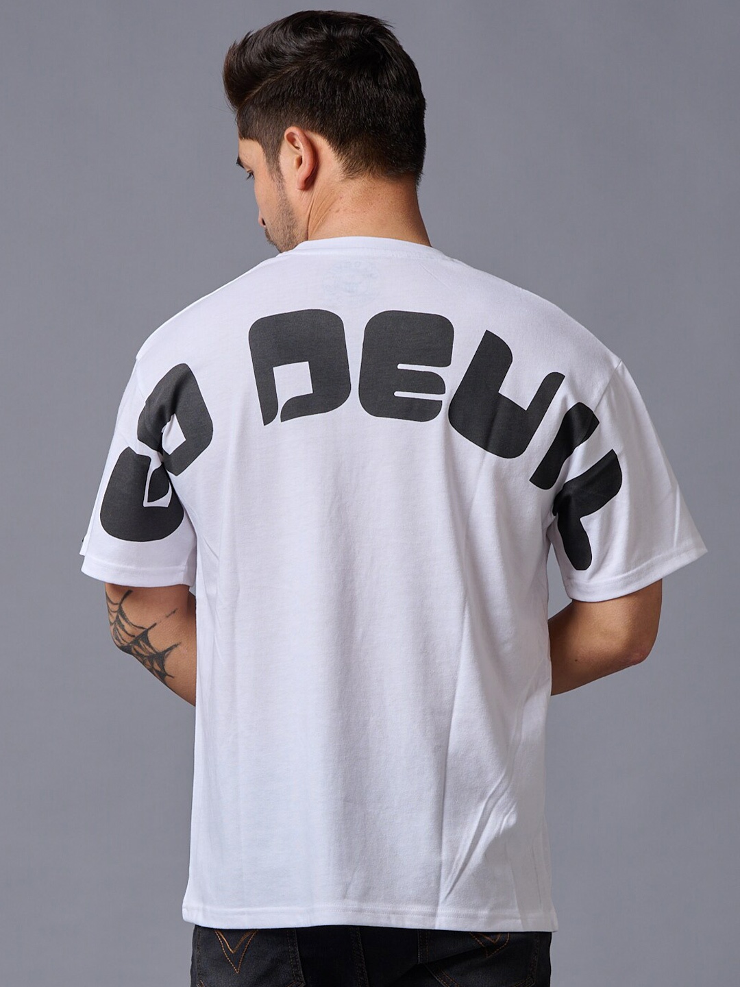 

GO DEVIL Typography Printed Drop-Shoulder Sleeves Pure Cotton T-shirt, White