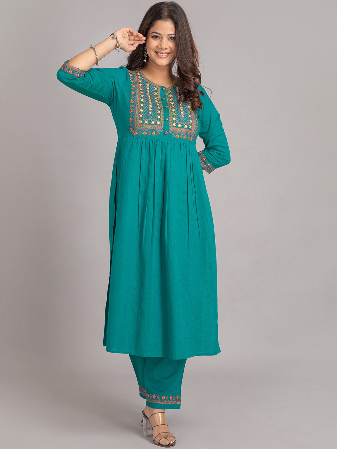 

SUTI Ethnic Motifs Embroidered Empire Kurta with Trousers, Teal