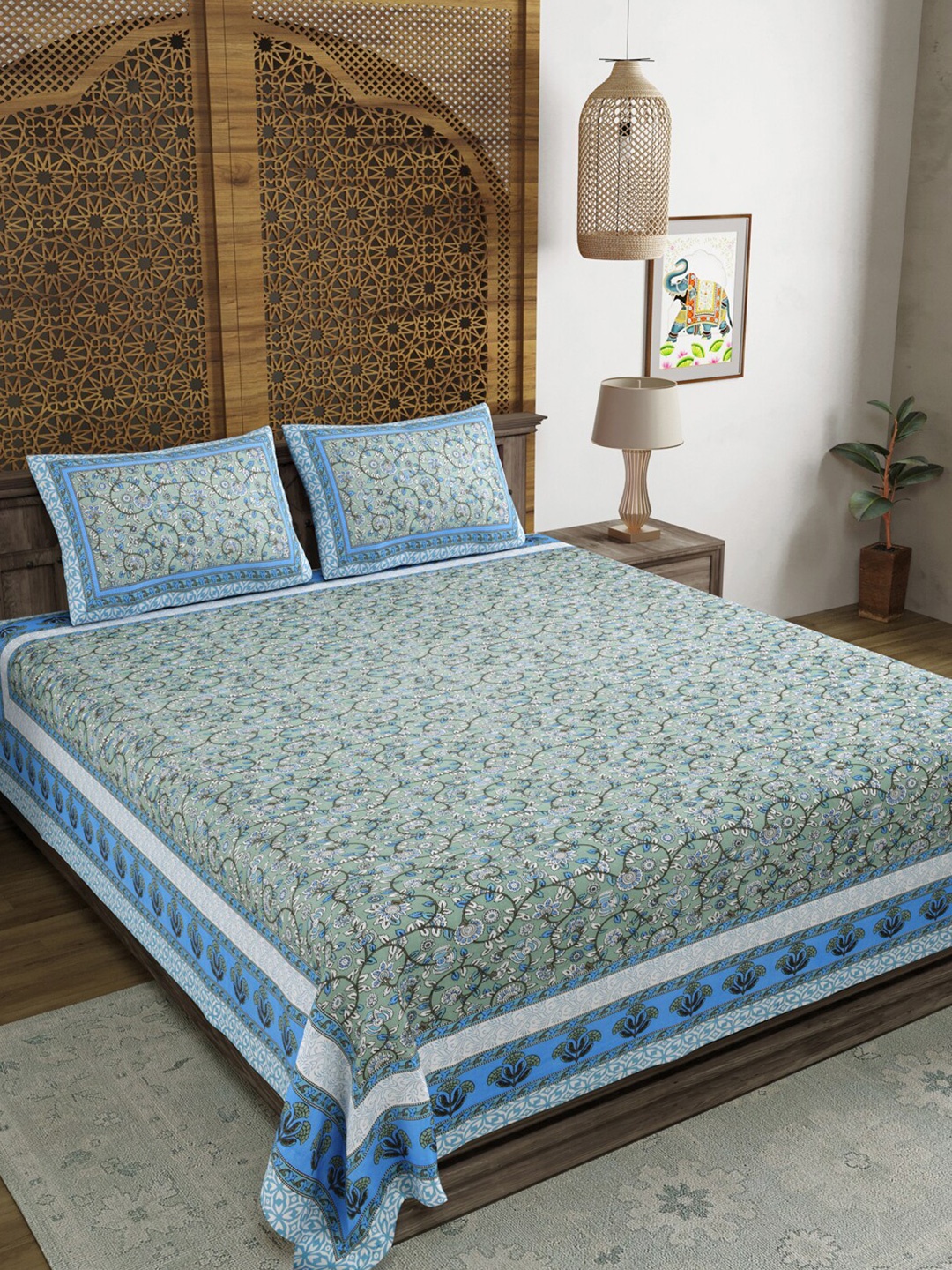 

BLOCKS OF INDIA Blue Ethnic Motifs Cotton 210 TC King Bedsheet with 2 Pillow Covers