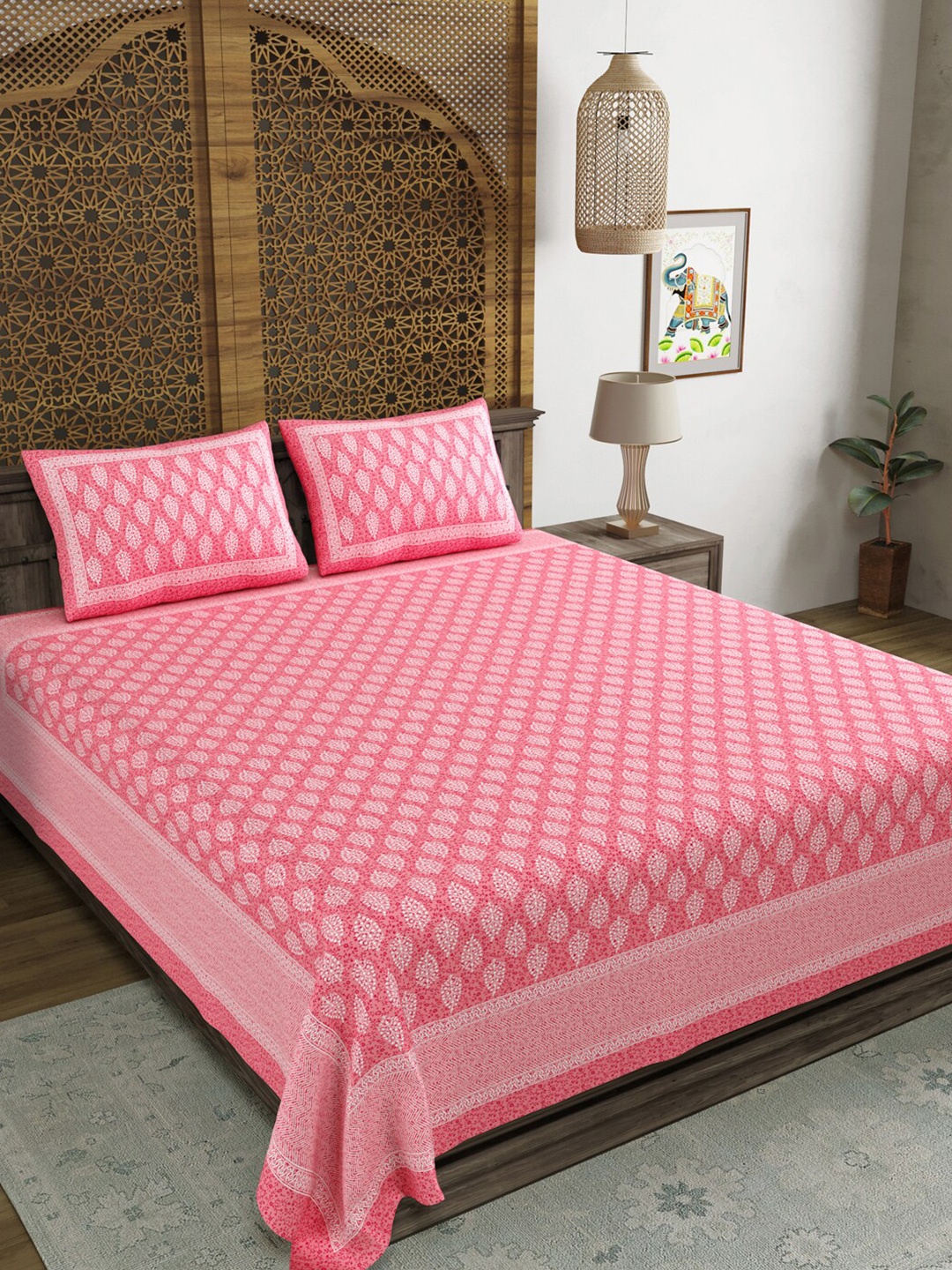 

BLOCKS OF INDIA Pink Ethnic Motifs Cotton 210 TC King Bedsheet with 2 Pillow Covers