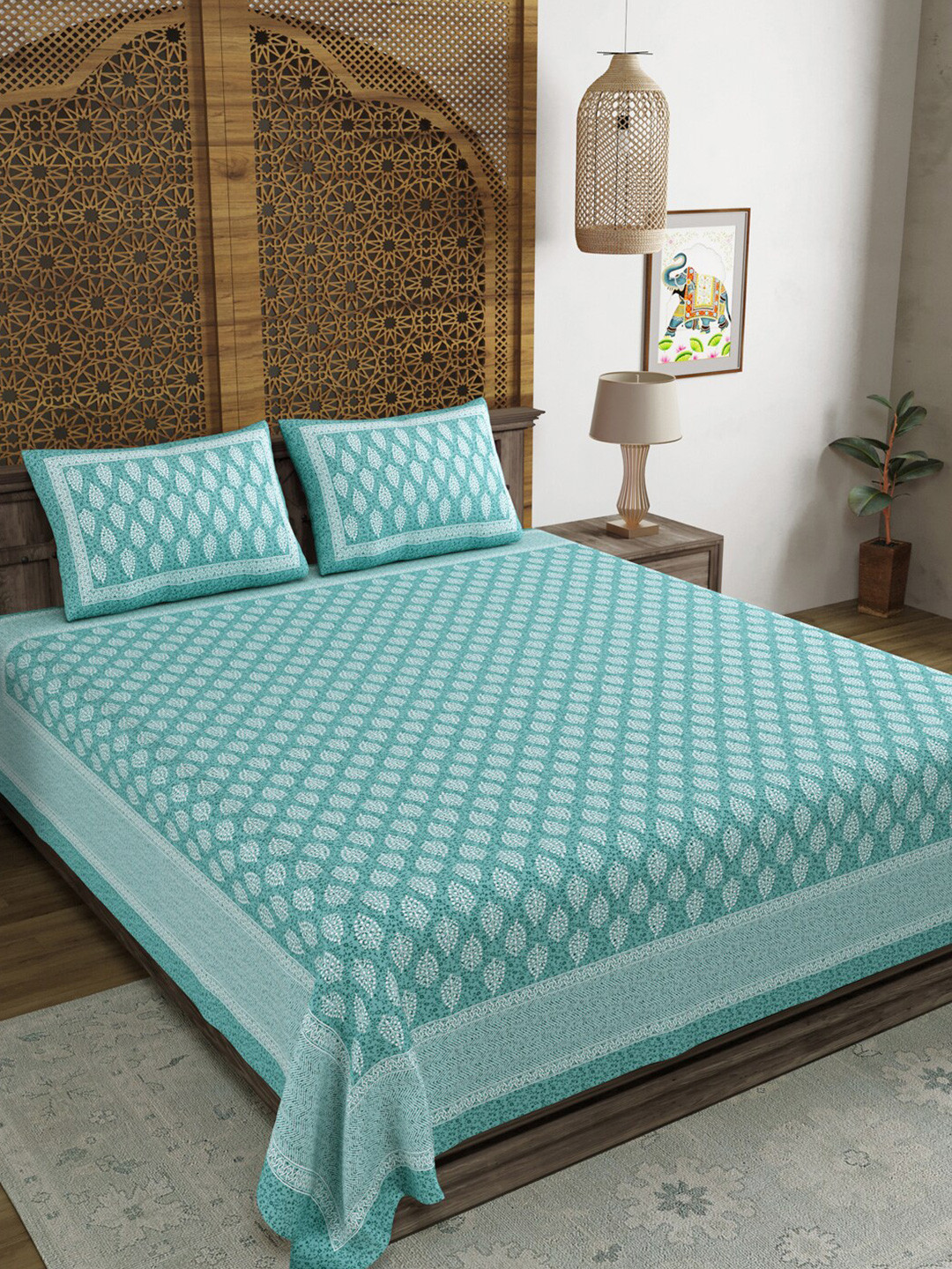 

BLOCKS OF INDIA Green Ethnic Motifs Pure Cotton 210 TC King Bedsheet with 2 Pillow Covers