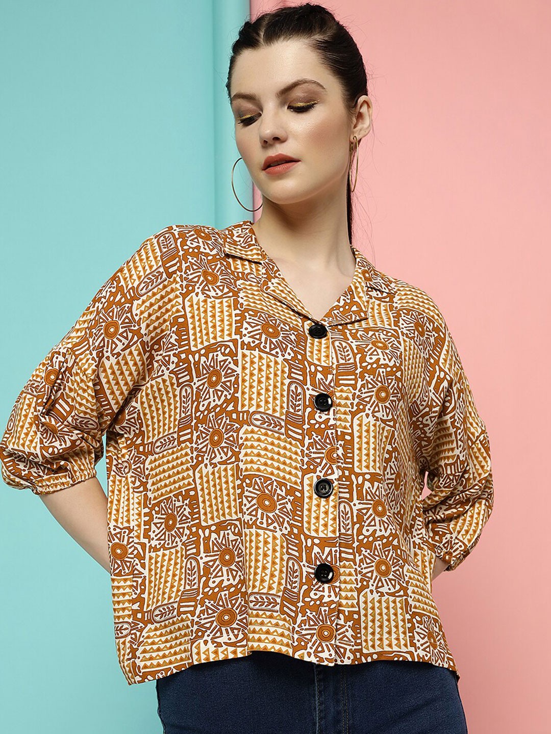 

HERE&NOW Mustard Yellow Relaxed Geometric Printed Casual Shirt