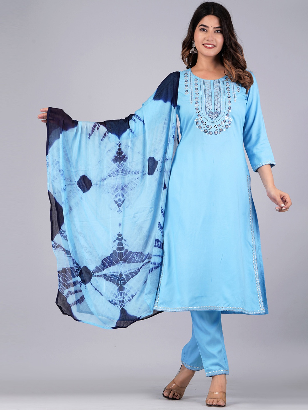 

KALINI Ethnic Motifs Embroidered Regular Mirror Work Kurta with Trousers & Dupatta, Turquoise blue