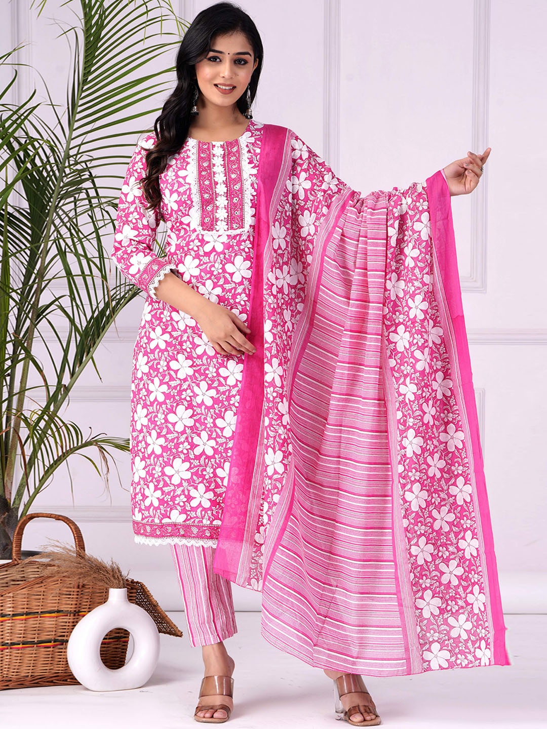 

KALINI Floral Printed Pure Cotton Kurta & Trousers With Dupatta, Pink