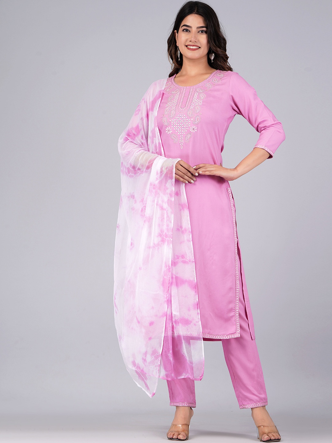 

KALINI Ethnic Motifs Printed Regular Mirror Work Kurta with Trousers & Dupatta, Pink