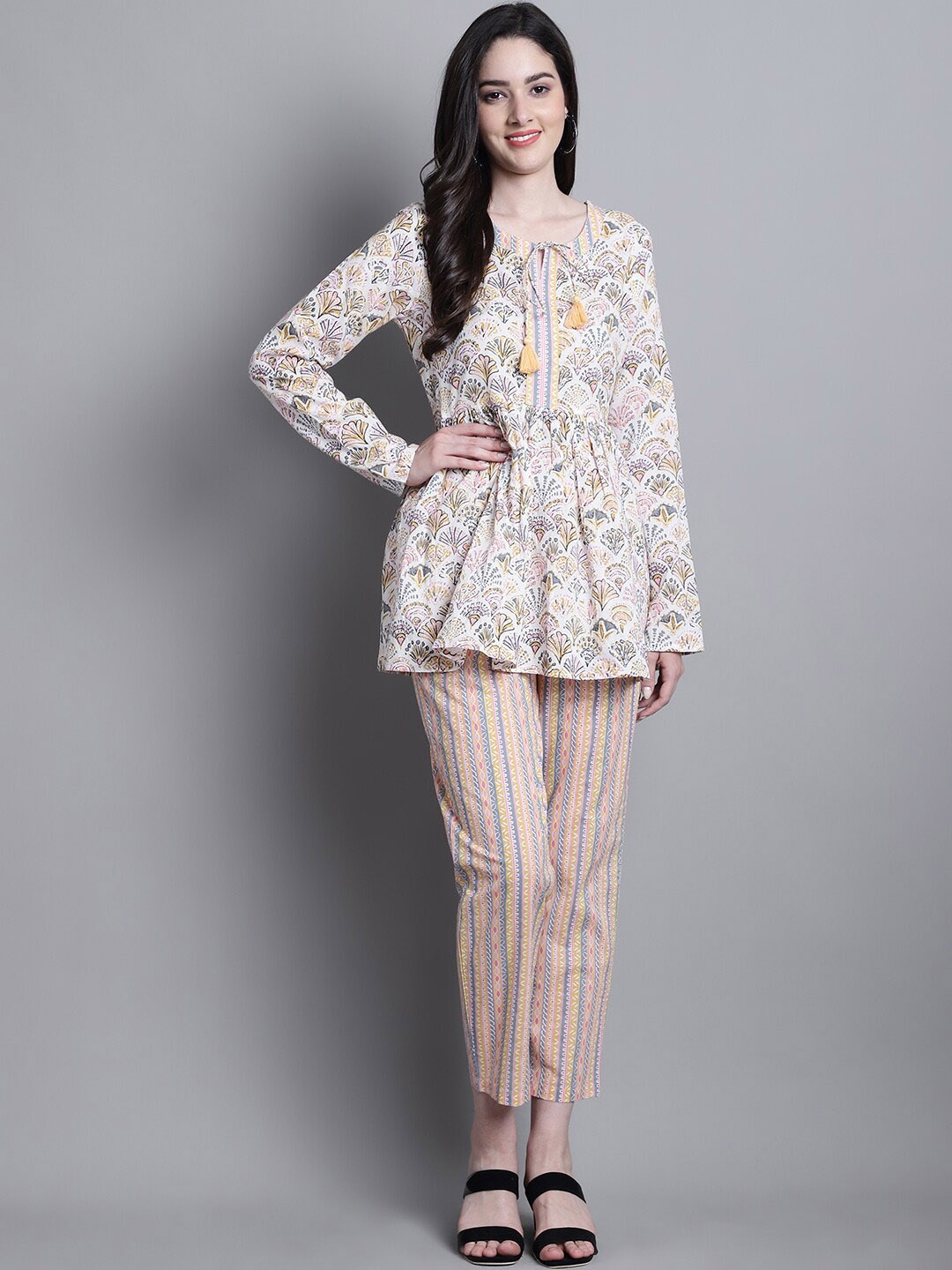 

Prakrti White Floral Printed Pure Cotton A-Line Top With Trousers