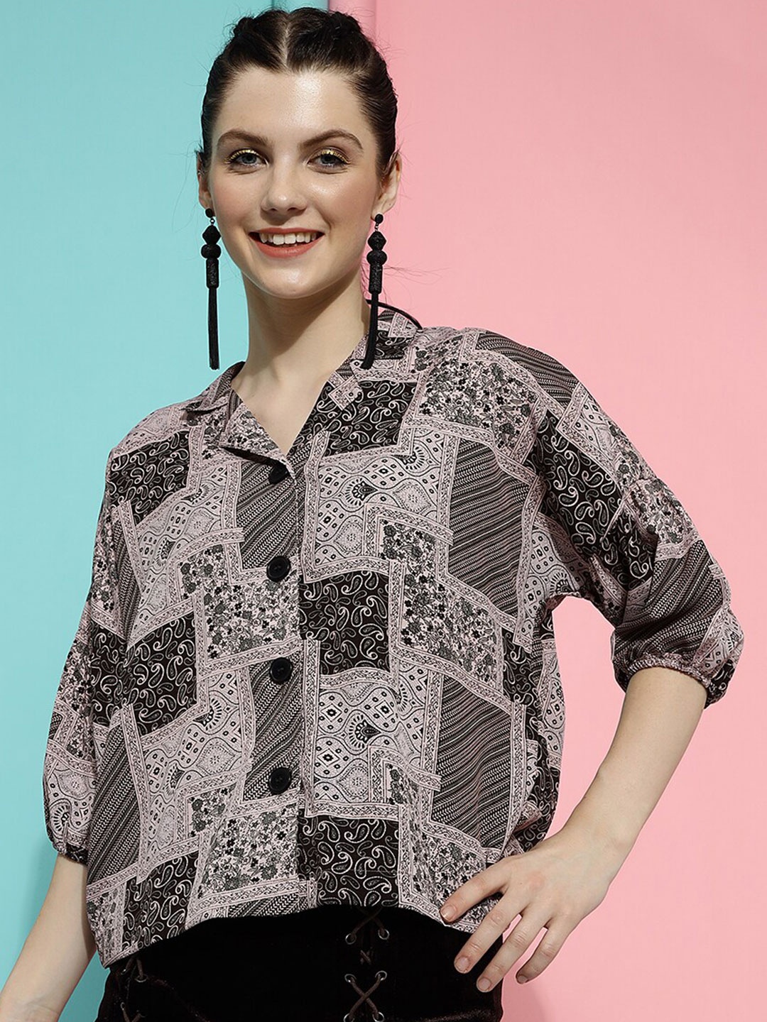 

HERE&NOW Relaxed Fit Ethnic Motifs Printed Puff Sleeves Casual Shirt, Grey