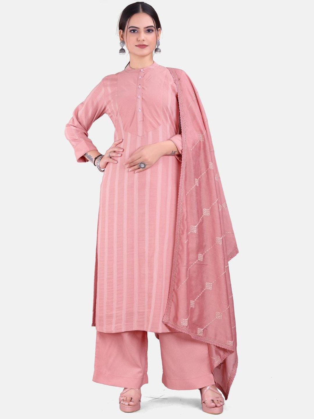 

Pari THE FASHION STUDIO Striped Regular Thread Work Kurta With Palazzos & Dupatta, Pink