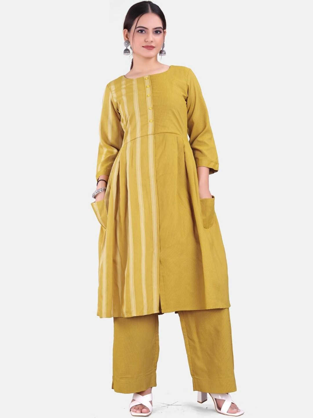 

Pari THE FASHION STUDIO Striped Regular Thread Work Kurta With Palazzos & Dupatta, Mustard