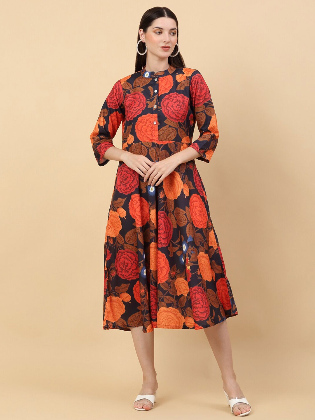 

Anouk Mandarin Collar Floral Print A-Line Cotton Midi Dress, Navy blue