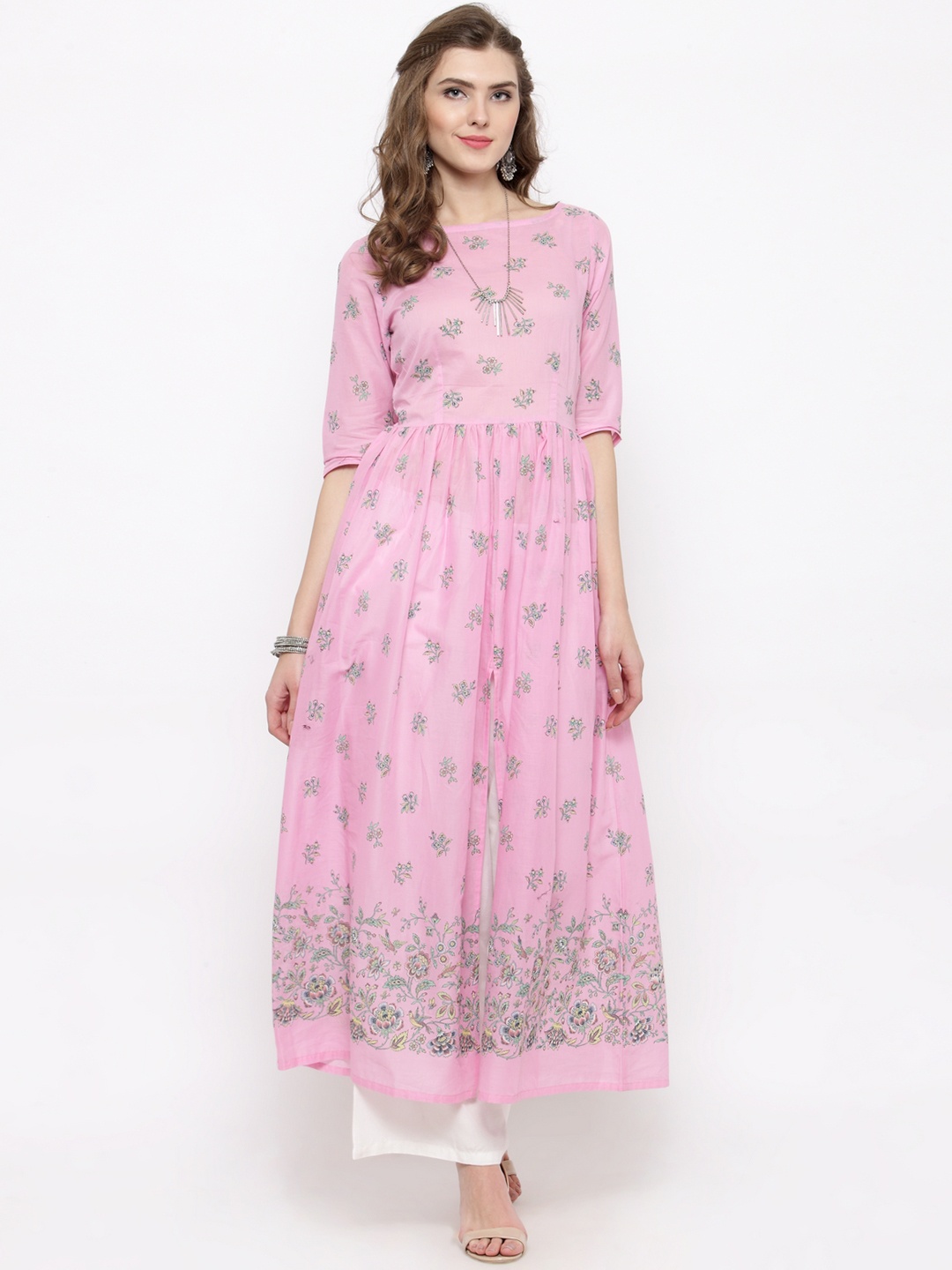 

Sera Women Pink & White Printed Kurta with Palazzos