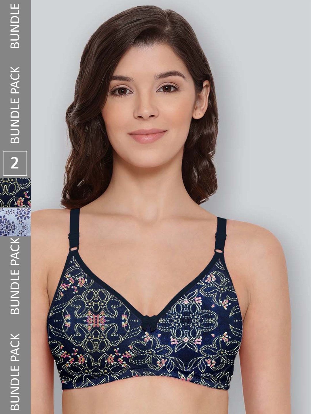 

LYRA Pack Of 2 Printed Combed Cotton Seamless Moulded Encircled Bra, Navy blue