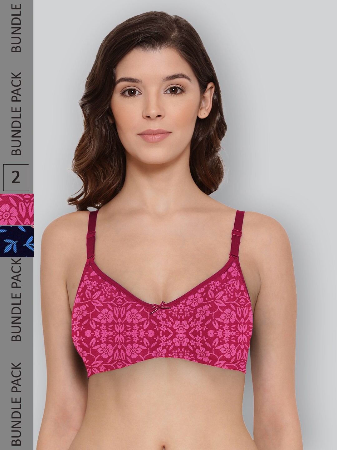 

LYRA Pack Of 2 Printed Combed Cotton Wirefree Secret Support Bra with Detachable Strap, Magenta
