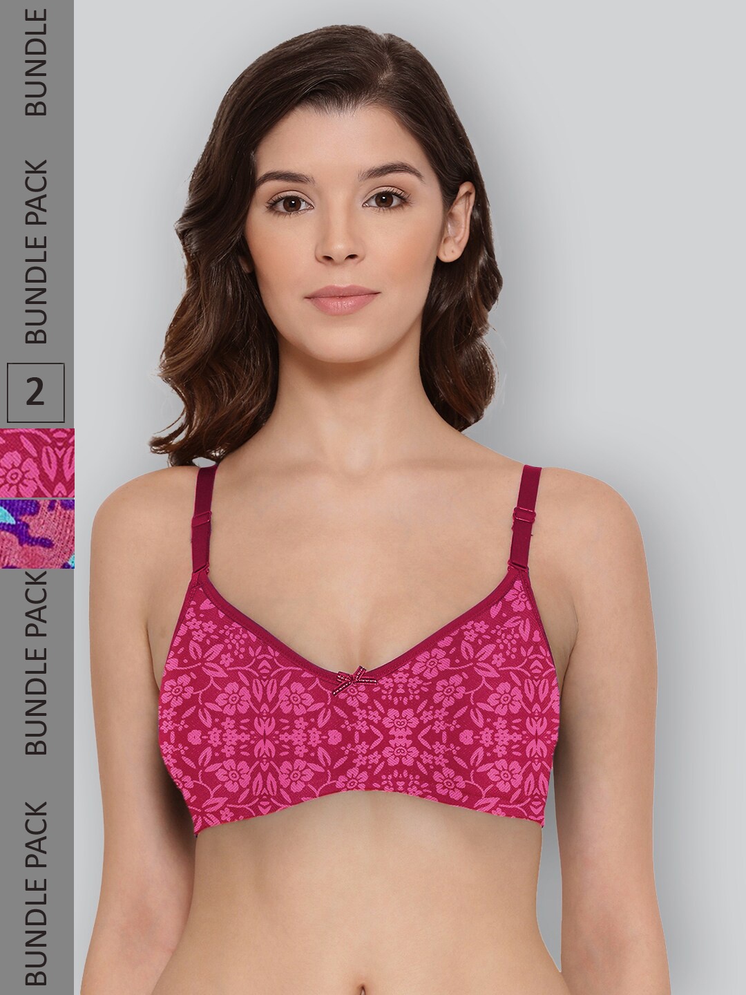 

LYRA Pack Of 2 Printed Combed Cotton Wirefree Secret Support Bra with Detachable Strap, Magenta