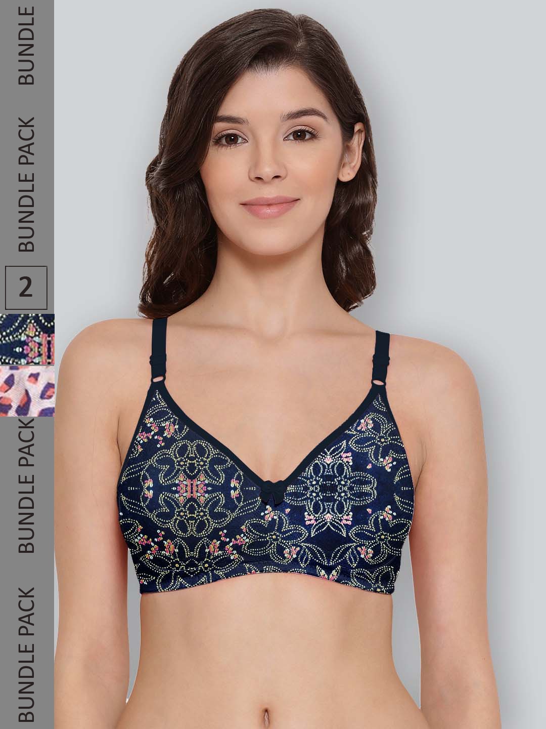 

LYRA Pack Of 2 Printed Combed Cotton Seamless Moulded Encircled Bra, Navy blue