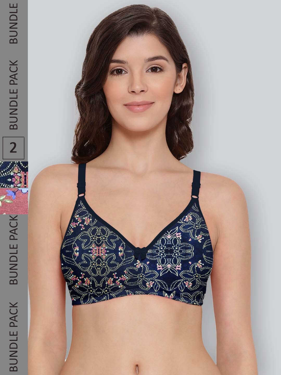 

LYRA Pack Of 2 Printed Combed Cotton Seamless Moulded Encircled Bra, Navy blue