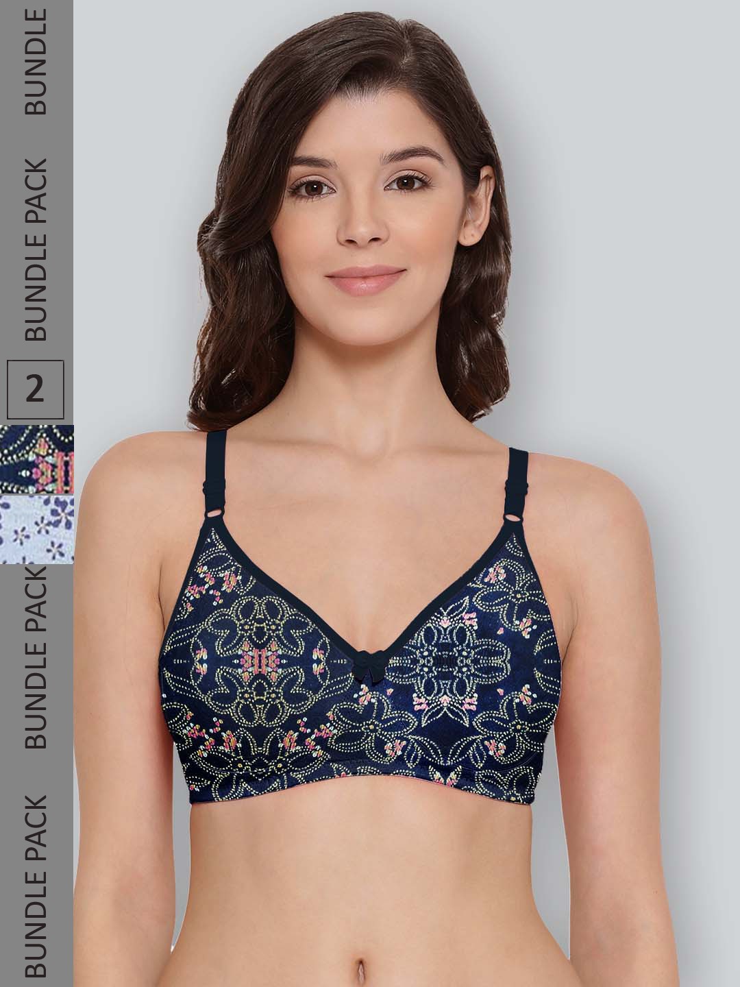 

LYRA Pack Of 2 Printed Combed Cotton Seamless Moulded Encircled Bra, Navy blue
