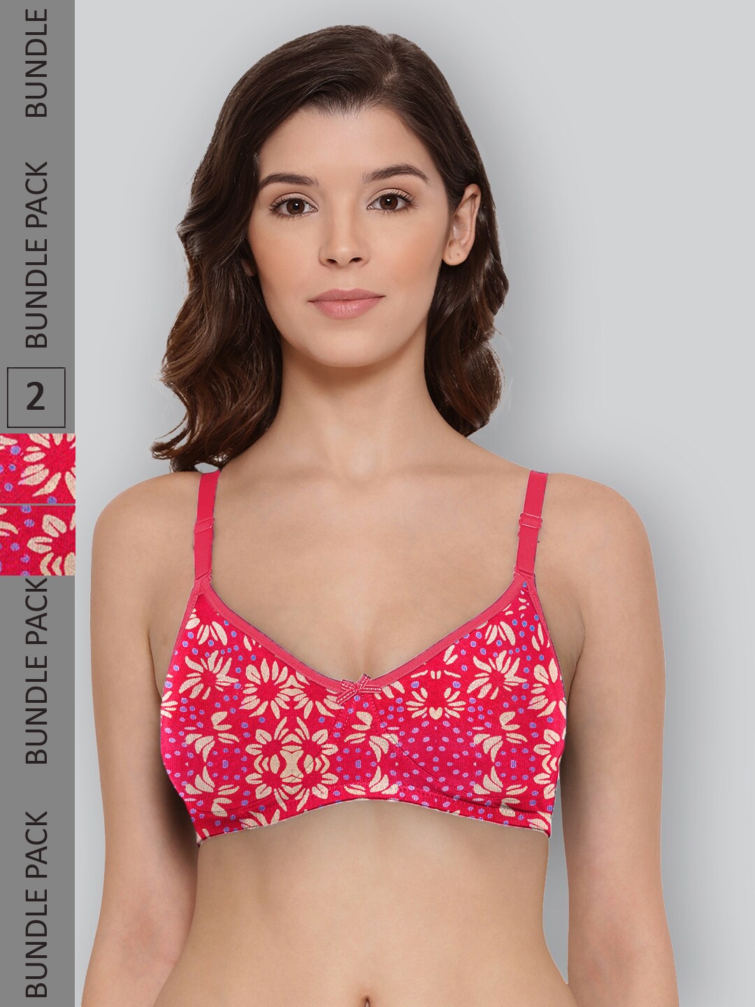 

LYRA Pack Of 2 Printed Combed Cotton Wirefree Secret Support Bra with Detachable Strap, Fuchsia