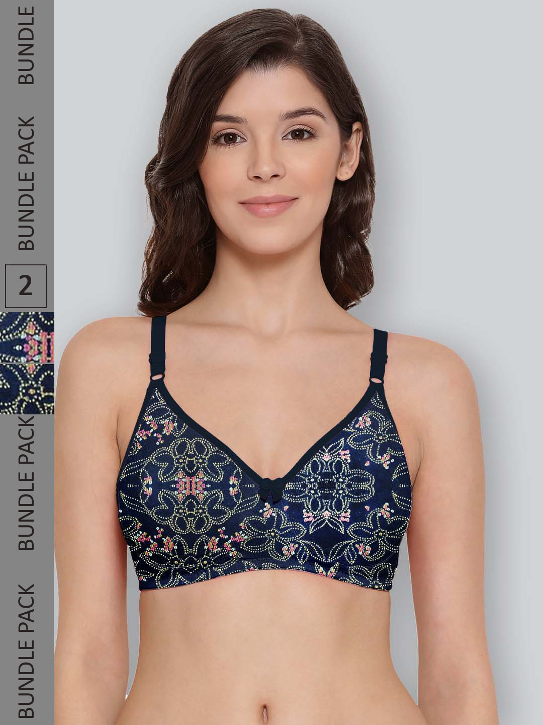 

LYRA Pack Of 2 Printed Combed Cotton Seamless Moulded Encircled Bra, Navy blue