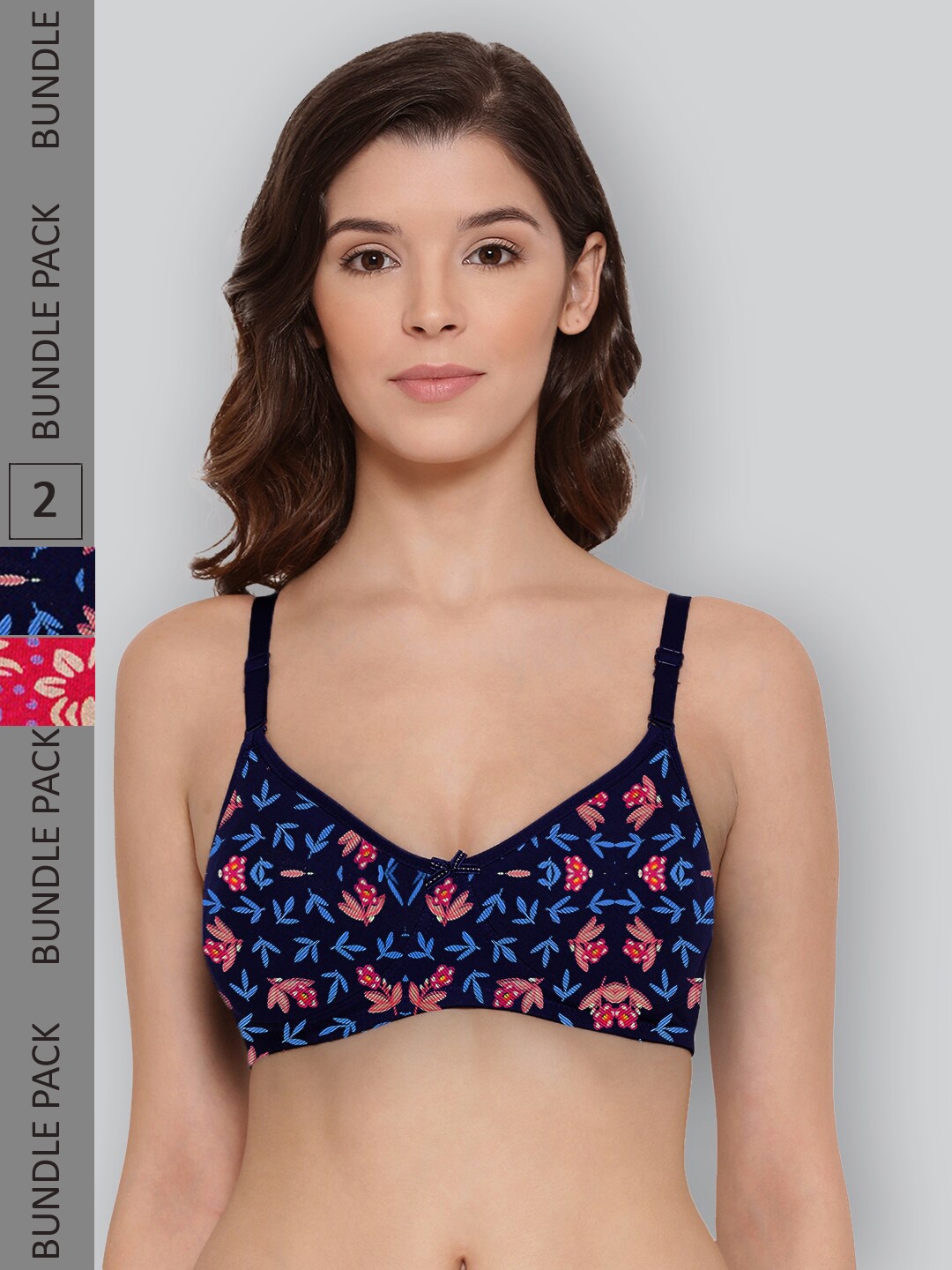 

LYRA Pack Of 2 Printed Combed Cotton Wirefree Secret Support Bra with Detachable Strap, Navy blue