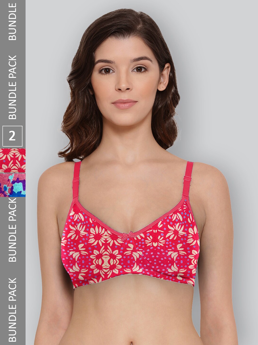 

LYRA Pack Of 2 Printed Combed Cotton Wirefree Secret Support Bra with Detachable Strap, Fuchsia