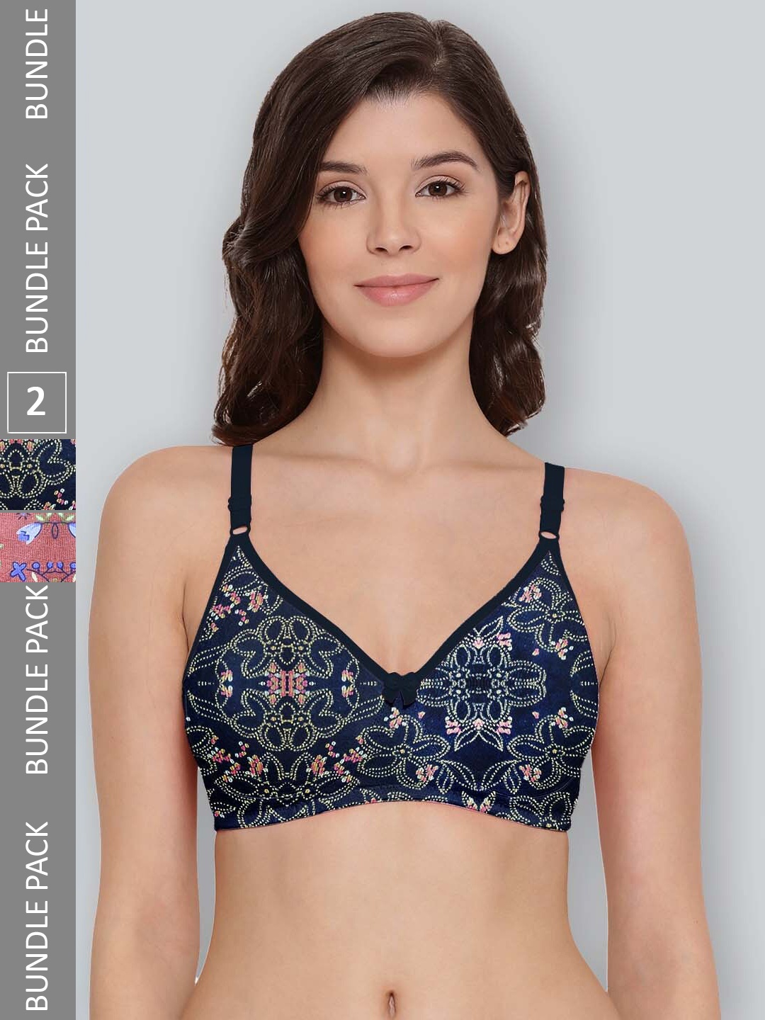 

LYRA Pack Of 2 Printed Combed Cotton Seamless Moulded Encircled Bra, Navy blue