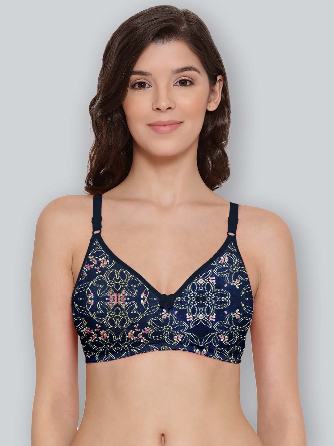 

LYRA Printed Combed Cotton Seamless Moulded Encircled Bra, Navy blue