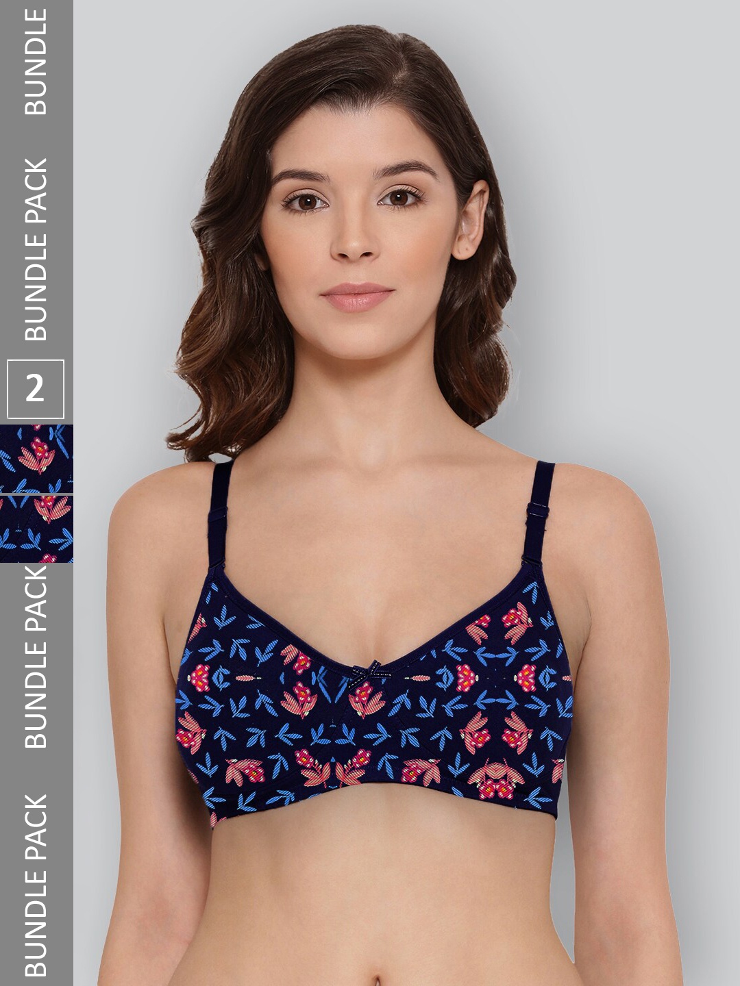 

LYRA Pack Of 2 Printed Combed Cotton Wirefree Secret Support Bra with Detachable Strap, Navy blue