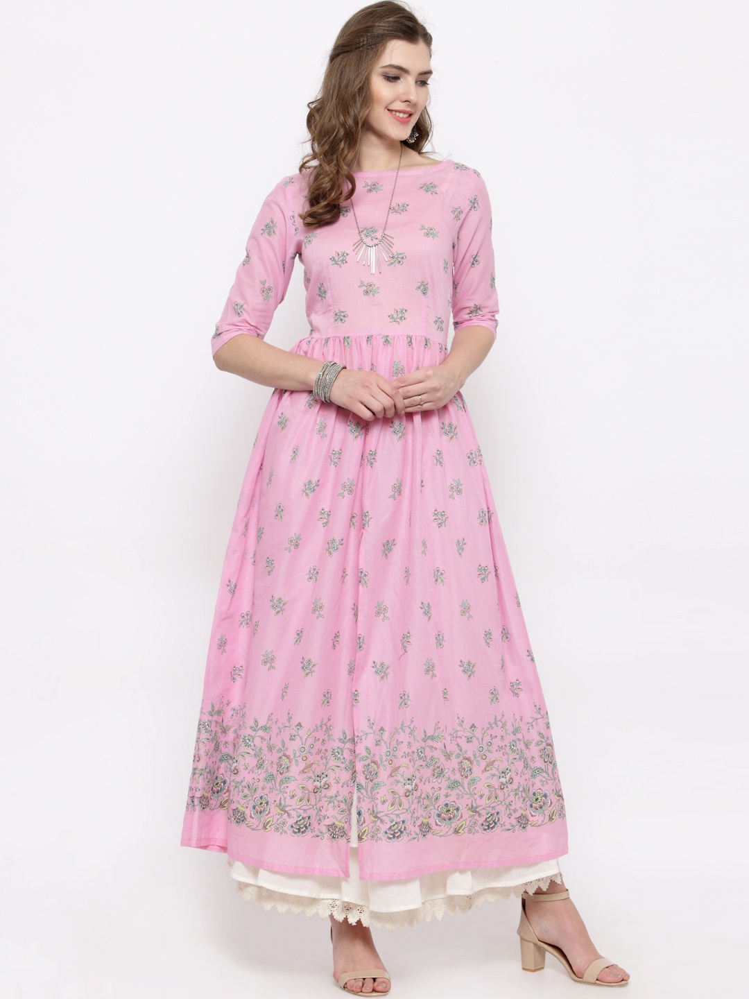 

Sera Women Pink & White Printed Kurta with Skirt