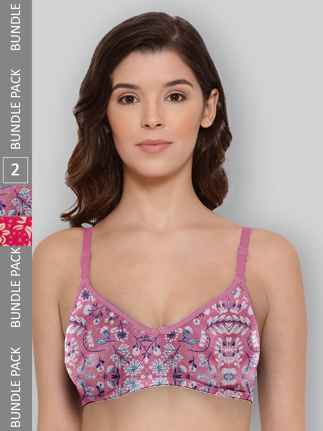 

LYRA Pack Of 2 Printed Combed Cotton Wirefree Secret Support Bra with Detachable Strap, Fuchsia