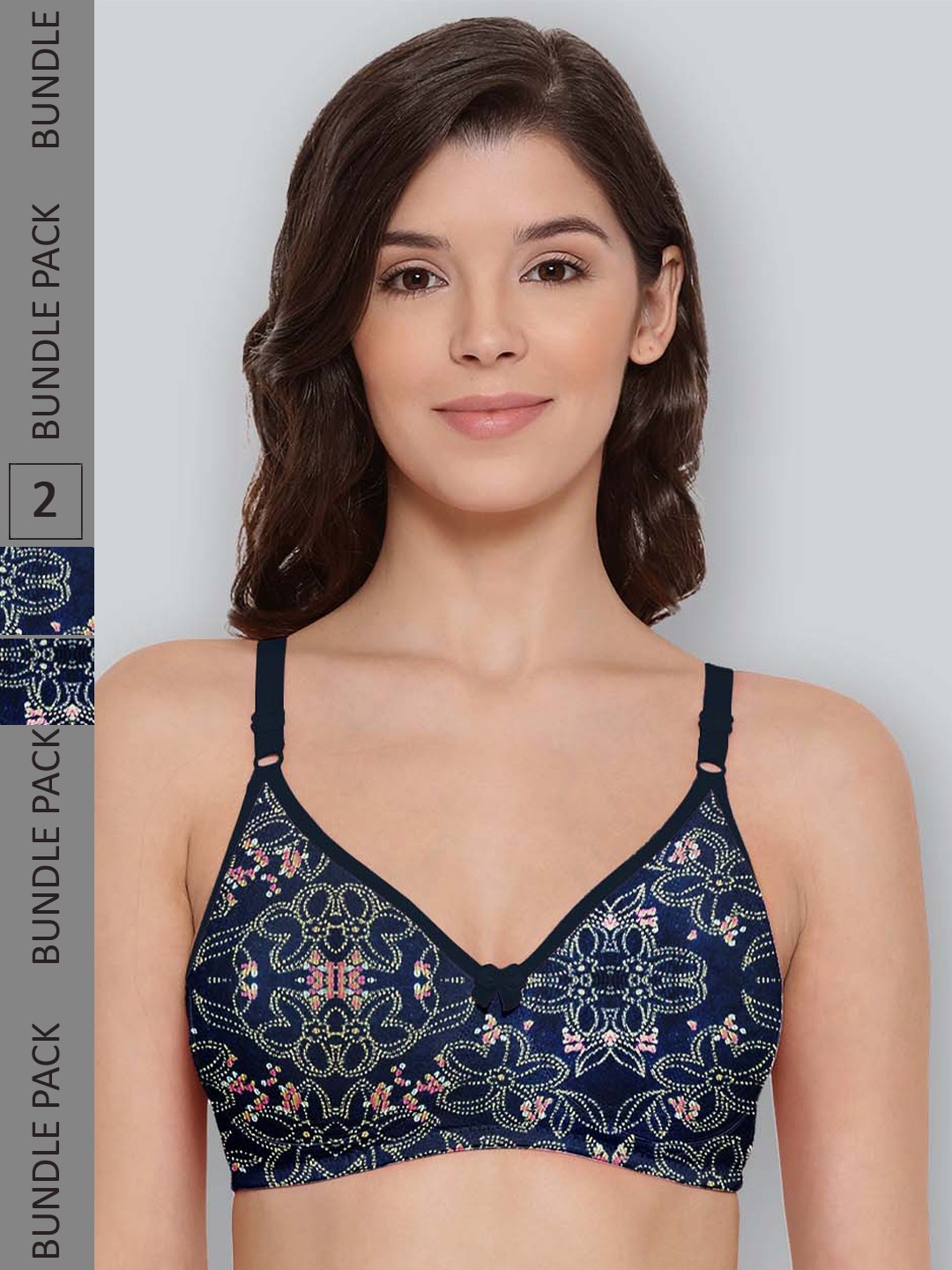 

LYRA Pack Of 2 Printed Combed Cotton Seamless Moulded Encircled Bra, Navy blue