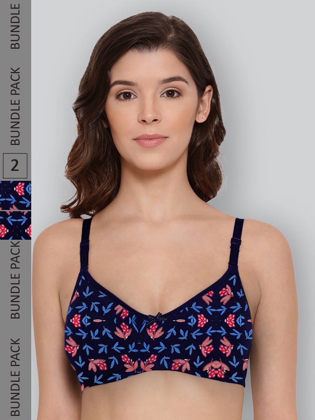 

LYRA Pack Of 2 Printed Combed Cotton Wirefree Secret Support Bra with Detachable Strap, Navy blue