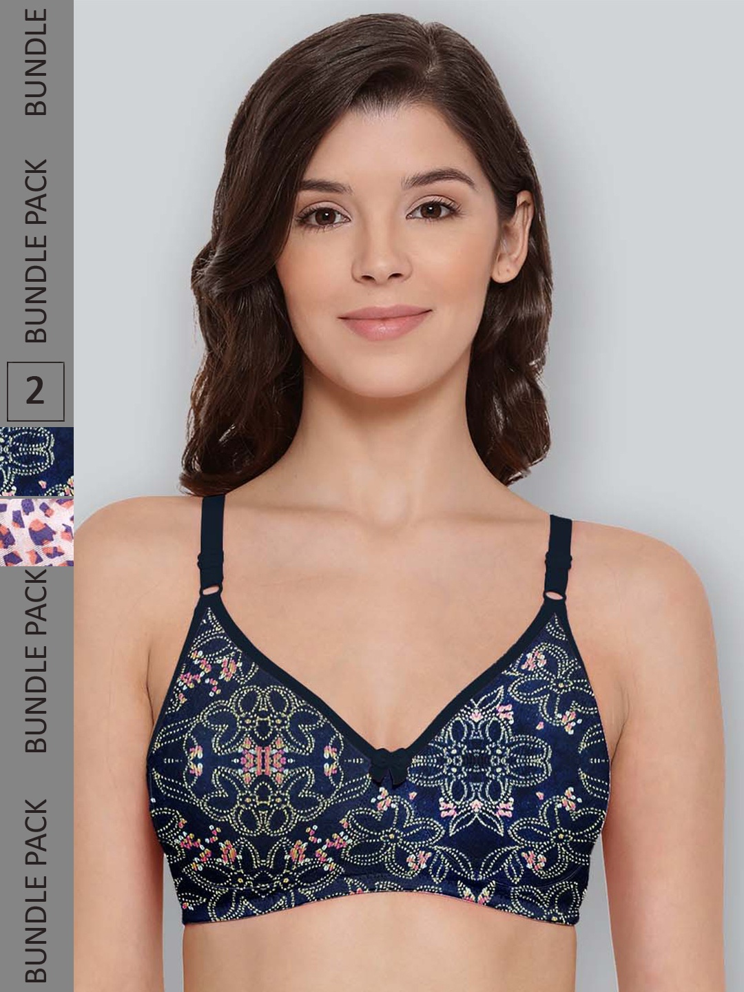 

LYRA Pack Of 2 Printed Combed Cotton Seamless Moulded Encircled Bra, Navy blue