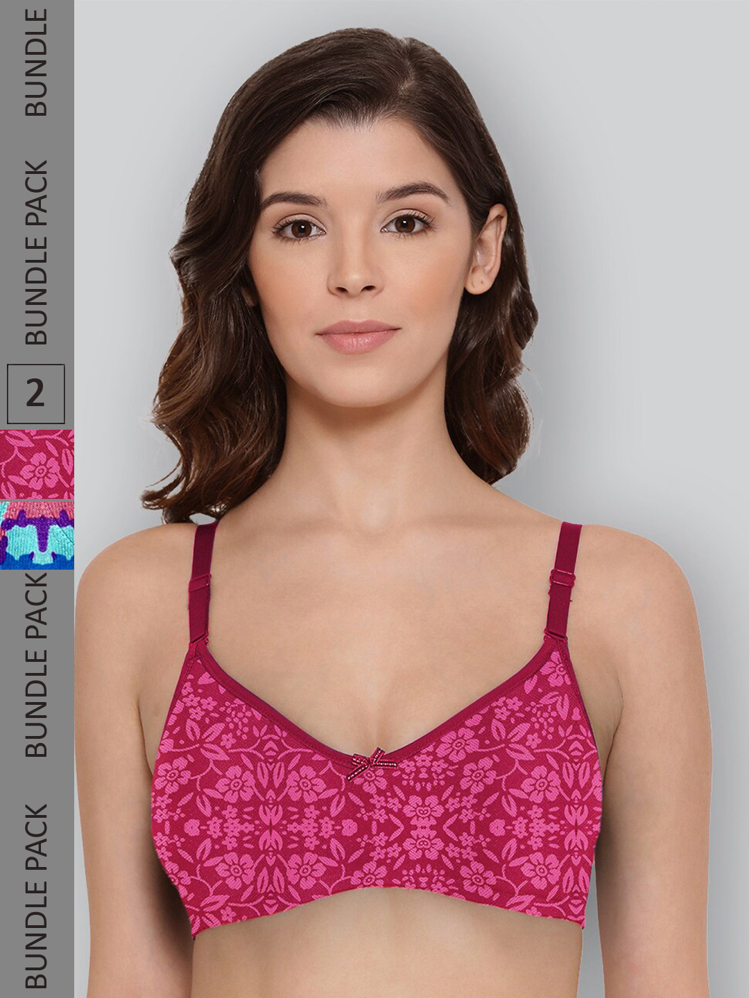 

LYRA Pack Of 2 Printed Combed Cotton Wirefree Secret Support Bra with Detachable Strap, Magenta