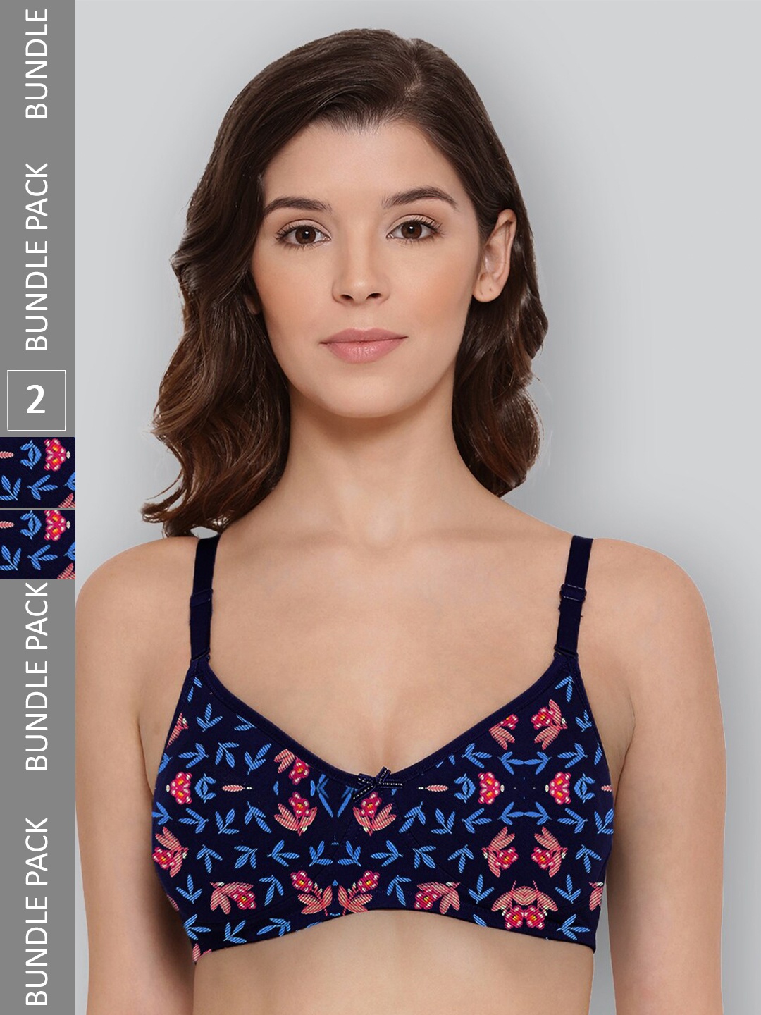 

LYRA Pack Of 2 Printed Combed Cotton Wirefree Secret Support Bra with Detachable Strap, Navy blue