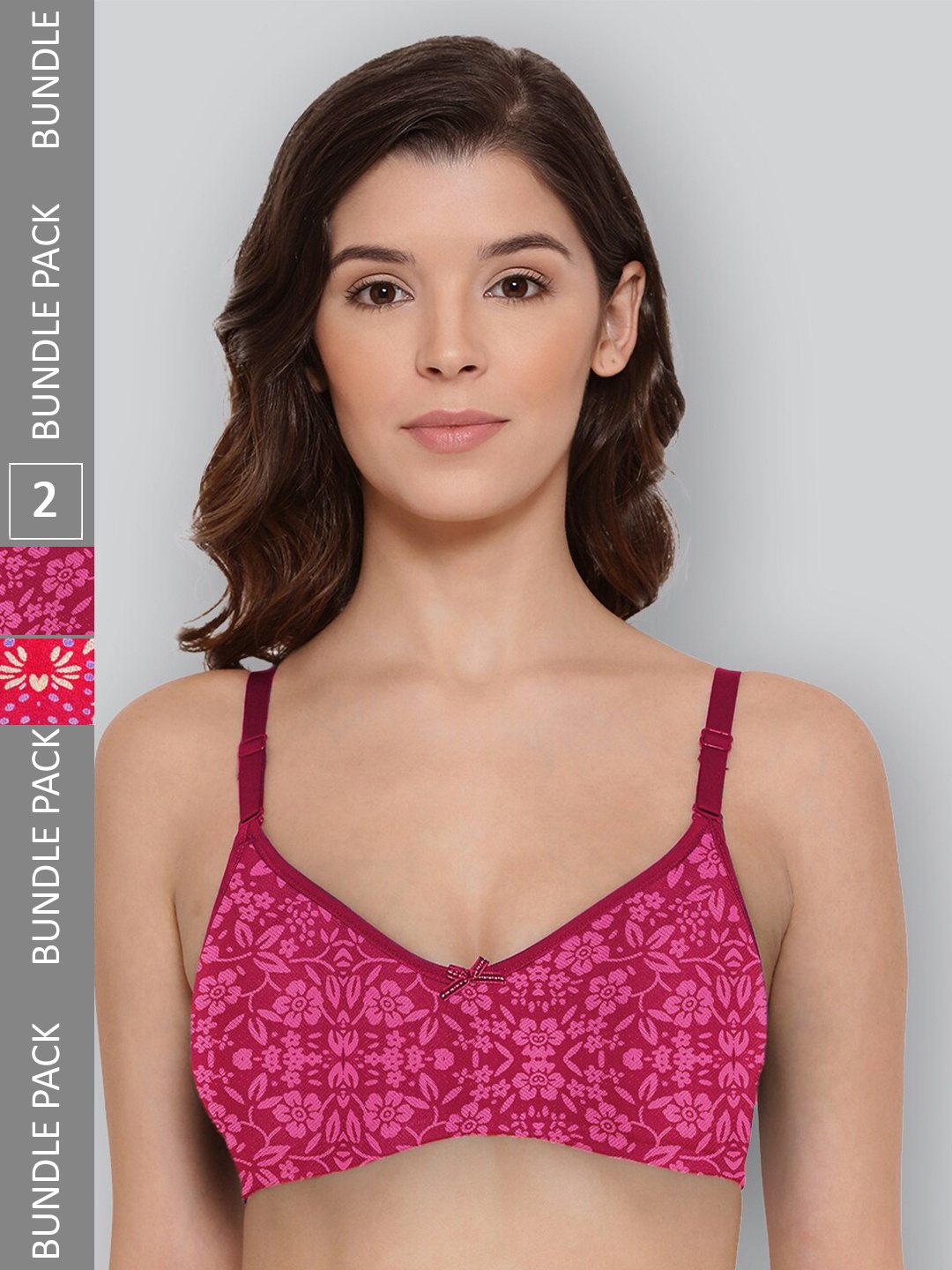 

LYRA Pack Of 2 Printed Combed Cotton Wirefree Secret Support Bra with Detachable Strap, Magenta