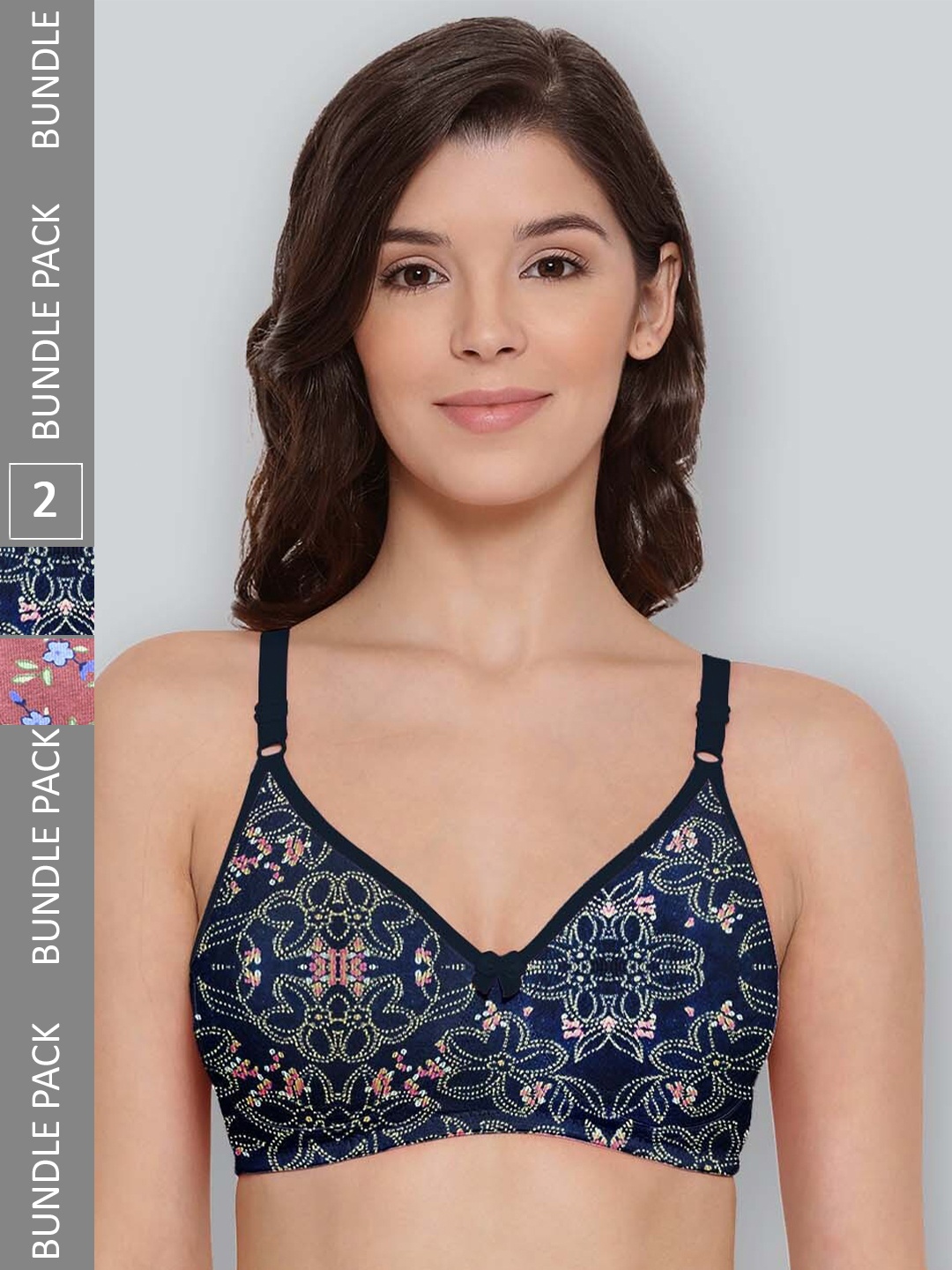 

LYRA Pack Of 2 Printed Combed Cotton Seamless Moulded Encircled Bra, Navy blue