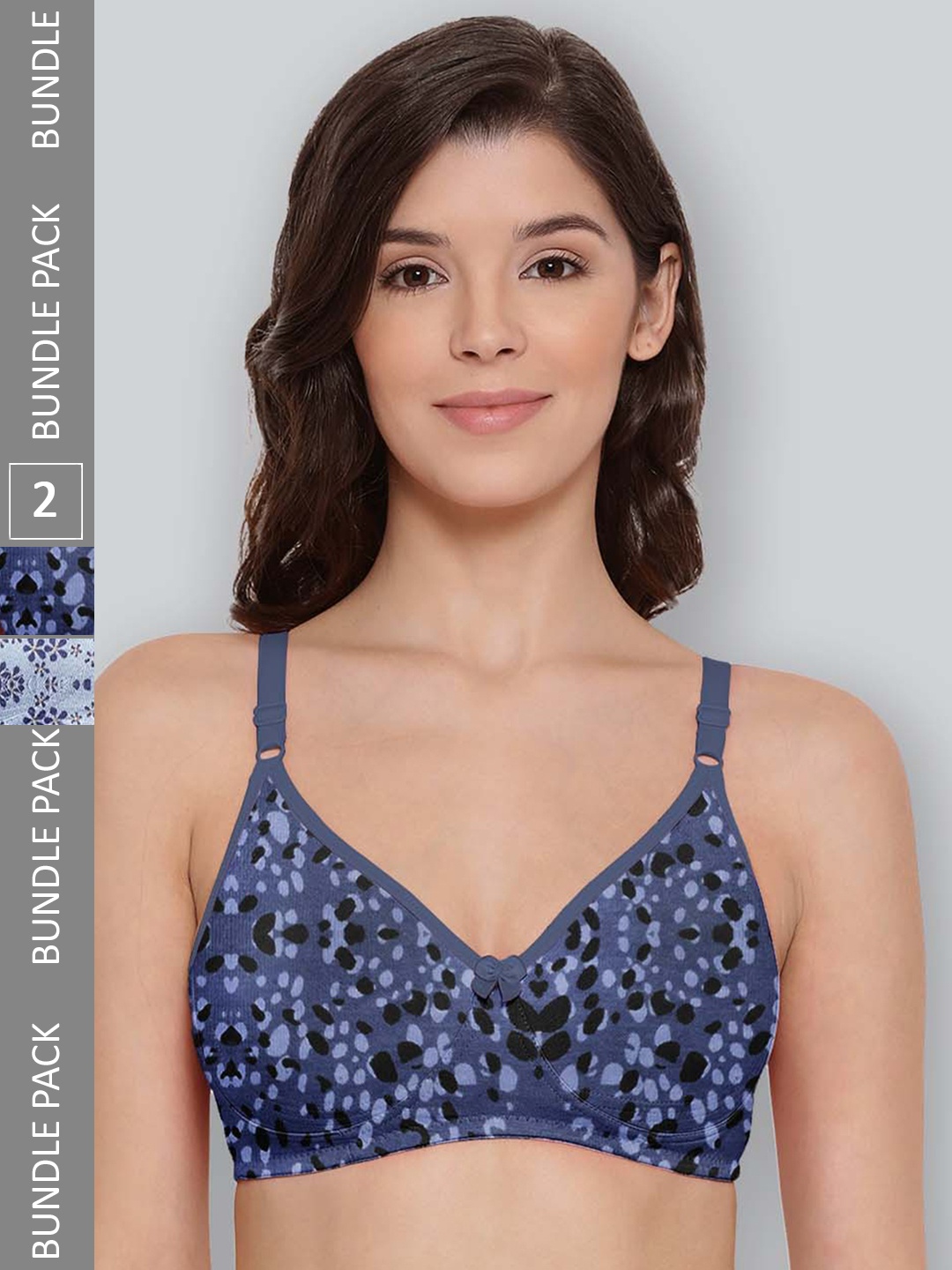 

LYRA Pack Of 2 Printed Combed Cotton Seamless Moulded Encircled Bra, Navy blue