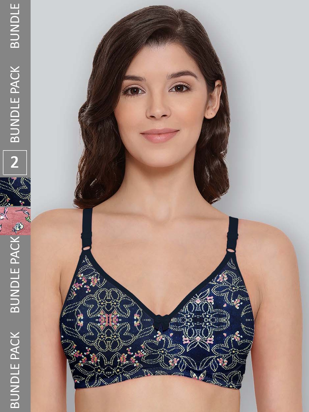 

LYRA Pack Of 2 Printed Combed Cotton Seamless Moulded Encircled Bra, Navy blue