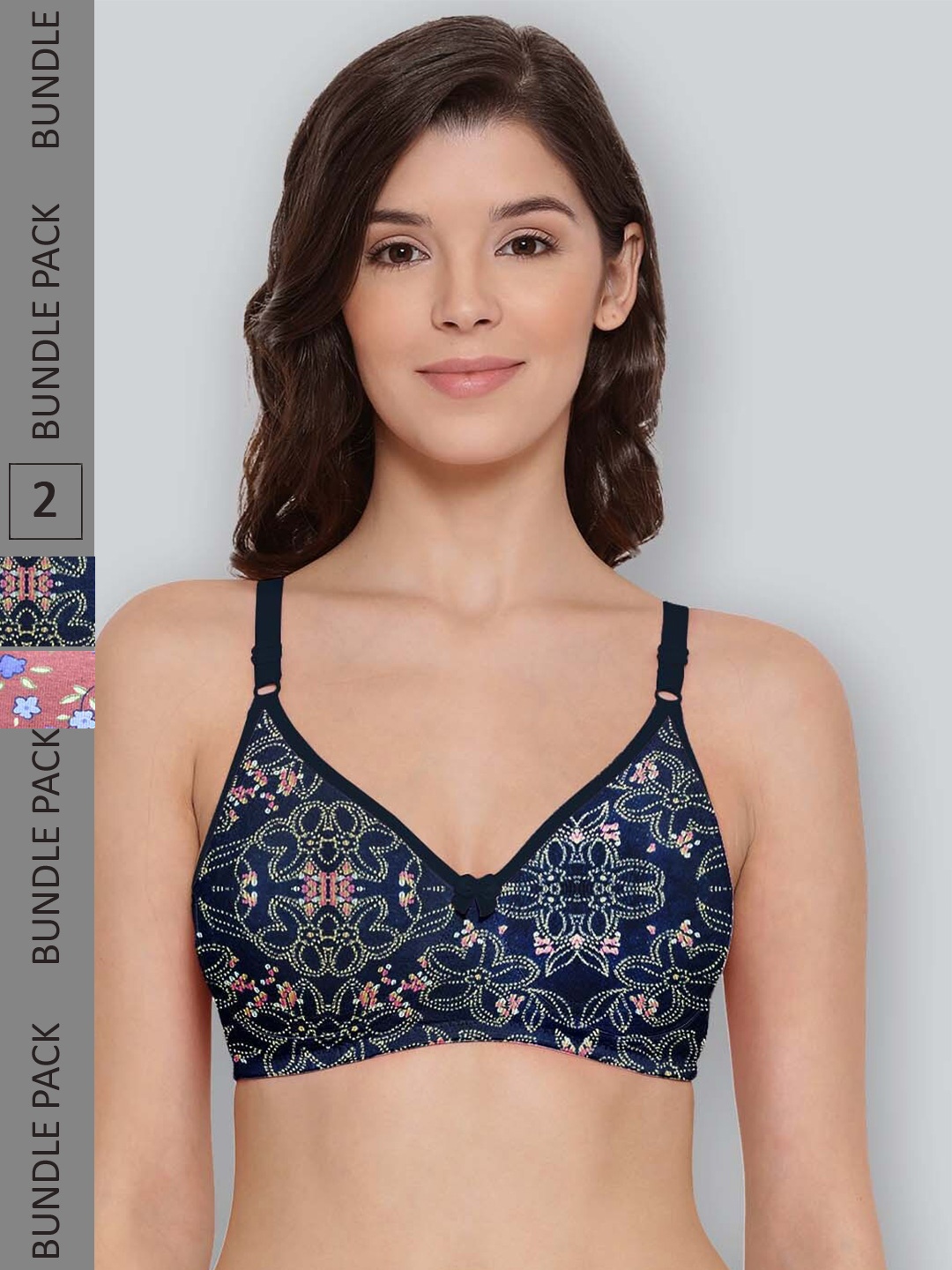 

LYRA Pack Of 2 Printed Combed Cotton Seamless Moulded Encircled Bra, Navy blue