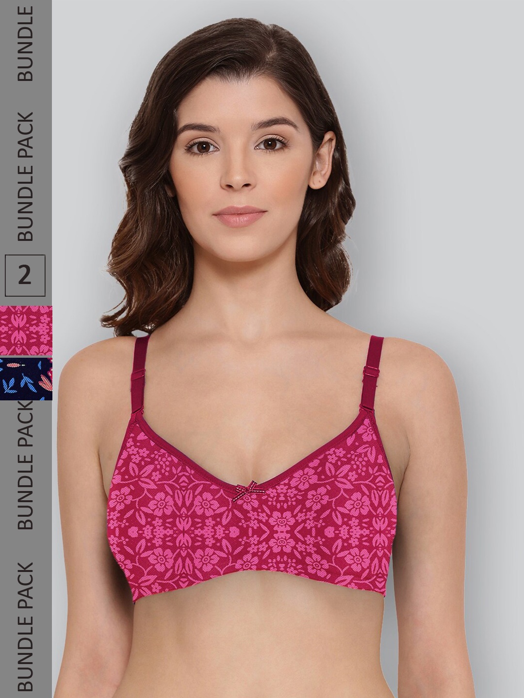 

LYRA Pack Of 2 Printed Combed Cotton Wirefree Secret Support Bra with Detachable Strap, Magenta