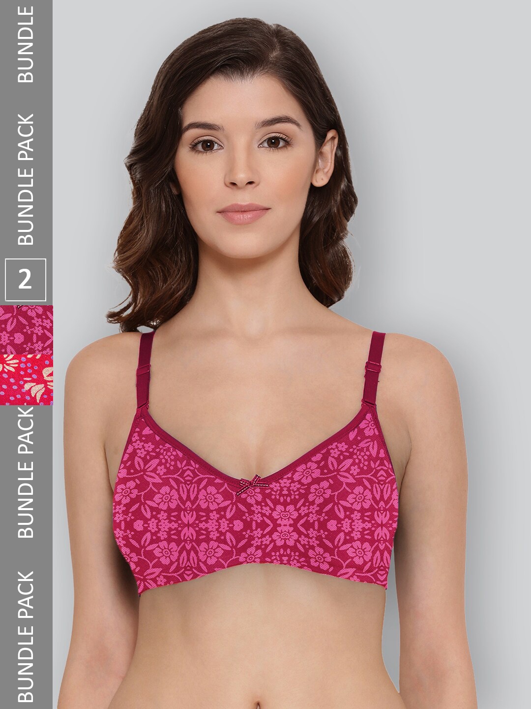

LYRA Pack Of 2 Printed Combed Cotton Wirefree Secret Support Bra with Detachable Strap, Magenta