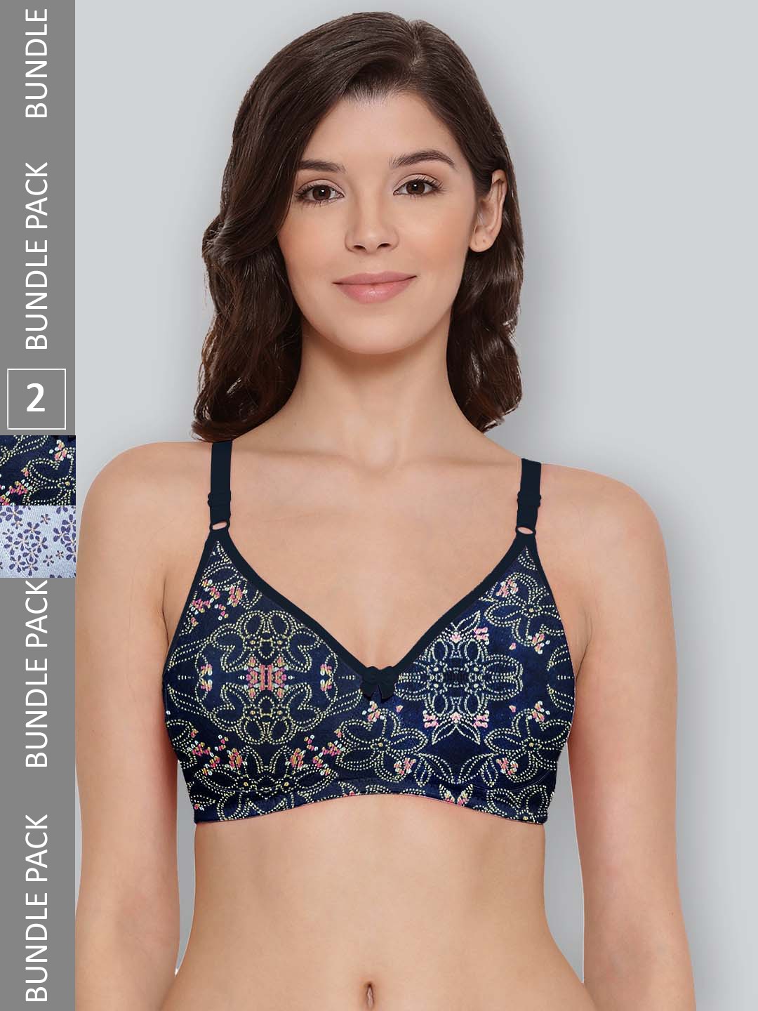 

LYRA Pack Of 2 Printed Combed Cotton Seamless Moulded Encircled Bra, Navy blue